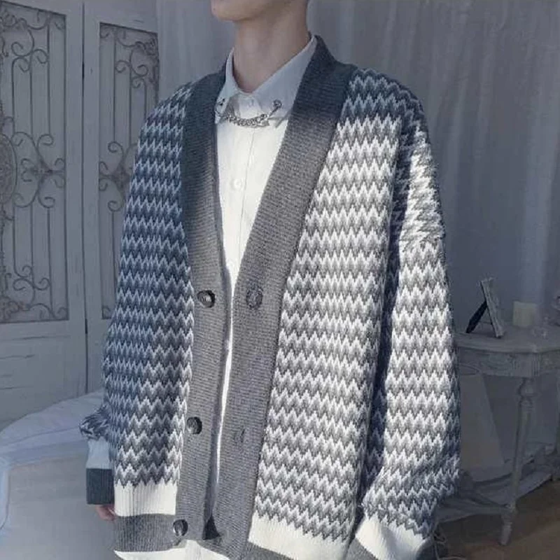 

sweater men 2020 autumn Korean version of the trend cardigan Hong Kong style loose ins casual wild student striped jacket male