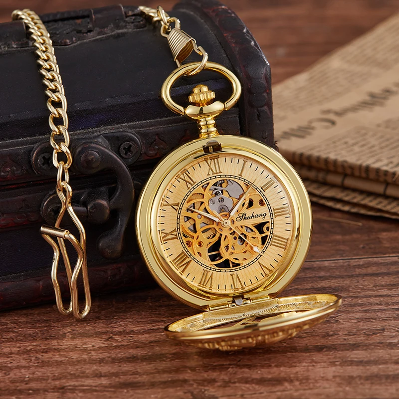 Luxury Gold Mechanical Pocket Watch Golden Peony Flower Engrave Steampunk Skeleton Fob Chain Clock for Men Women Dropshipping