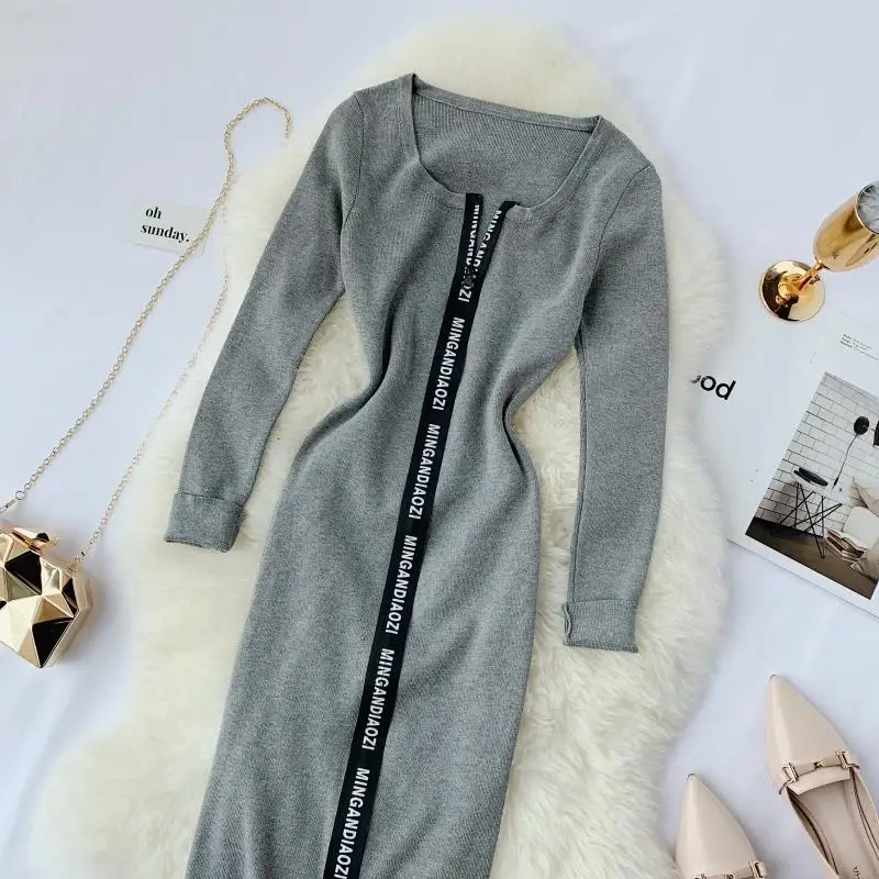 YornMona Women Designer Casual Dress Letter Zipper O-neck Knitted Bodycon Dress Winter Elegant Ladies Office Dress Vestidos