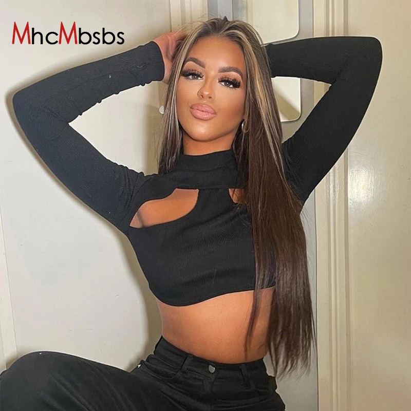 

Женский укороченный пуловер с вырезами, Черный свитшот с длинным рукавом в стиле Харадзюку, Y2K, Летний сезон 2021