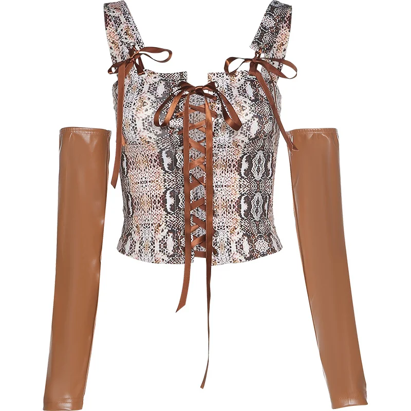 

XUXI 2021 Summer Fashion Stitching T-shirt Women Sexy Snake Print Strappy Hollow Camisole Trim Top E2364