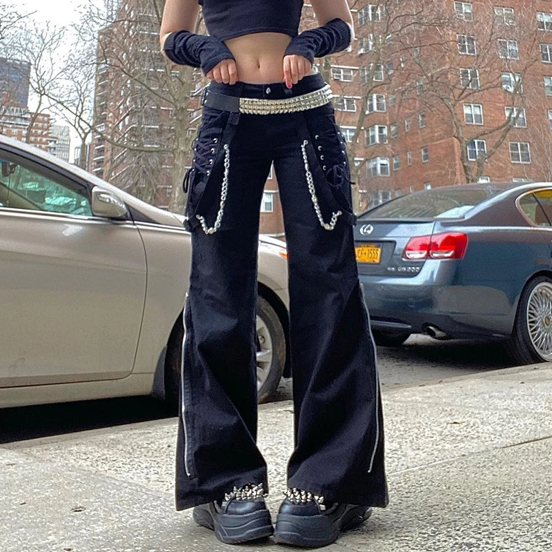 Black Goth E Girl Streetwear Cargo Pants Women Dark Academic Techwear Cross Tie Up Low Waist Punk Style Wide Leg Pants