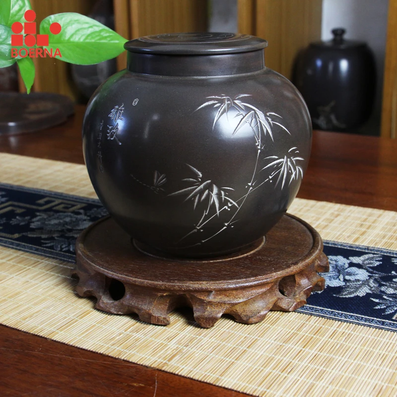 

BOERNA Handmade Nixing Candy Jar Puer Tea Storage boxes Porcelain Tea Bbox Organizer Ceramic Jar for Liubao tea with Hand-carved