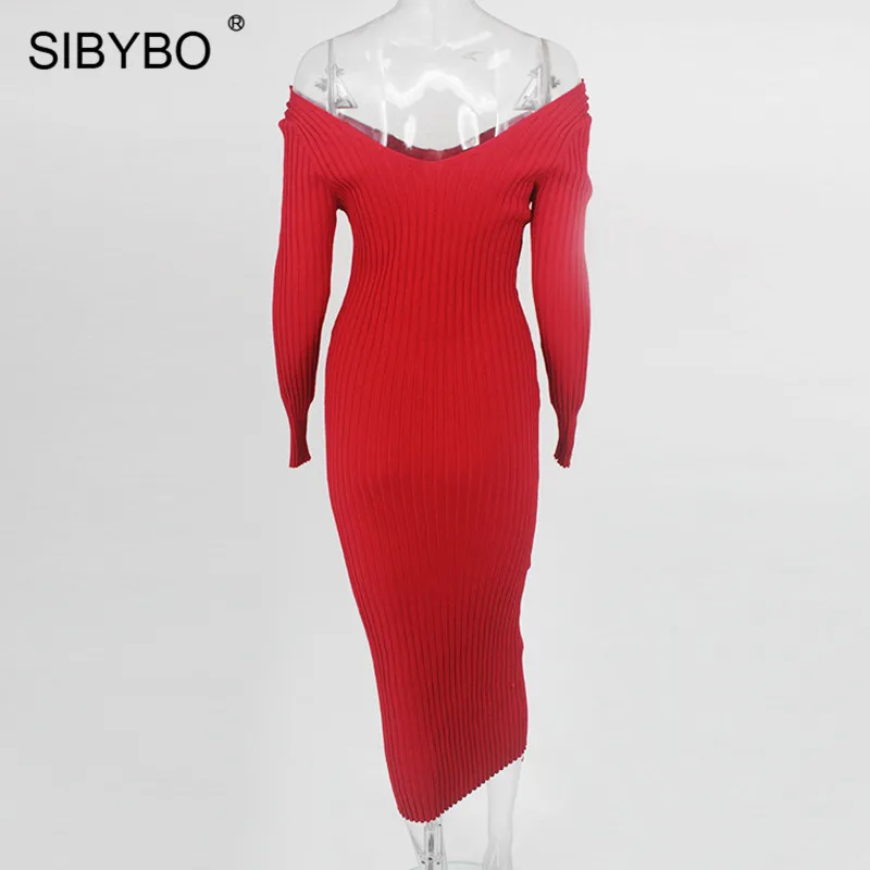 SIBYBO, зимнее трикотажное хлопковое платье в рубчик, женское сексуальное облегающее платье с открытыми плечами и длинным рукавом, однотонные вечерние платья с открытой спиной