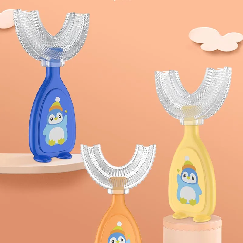 Cepillo de dientes con patr&oacute;n de dibujos animados para ni&ntilde;os, herramienta de limpieza de silicona l&iacute;quida con forma de U, Manual, 1 Uds.-0