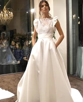 wedding dress a line o neck cap sleeve lace appliques sequined button satin floor length sweep train elegant bride gown 2021