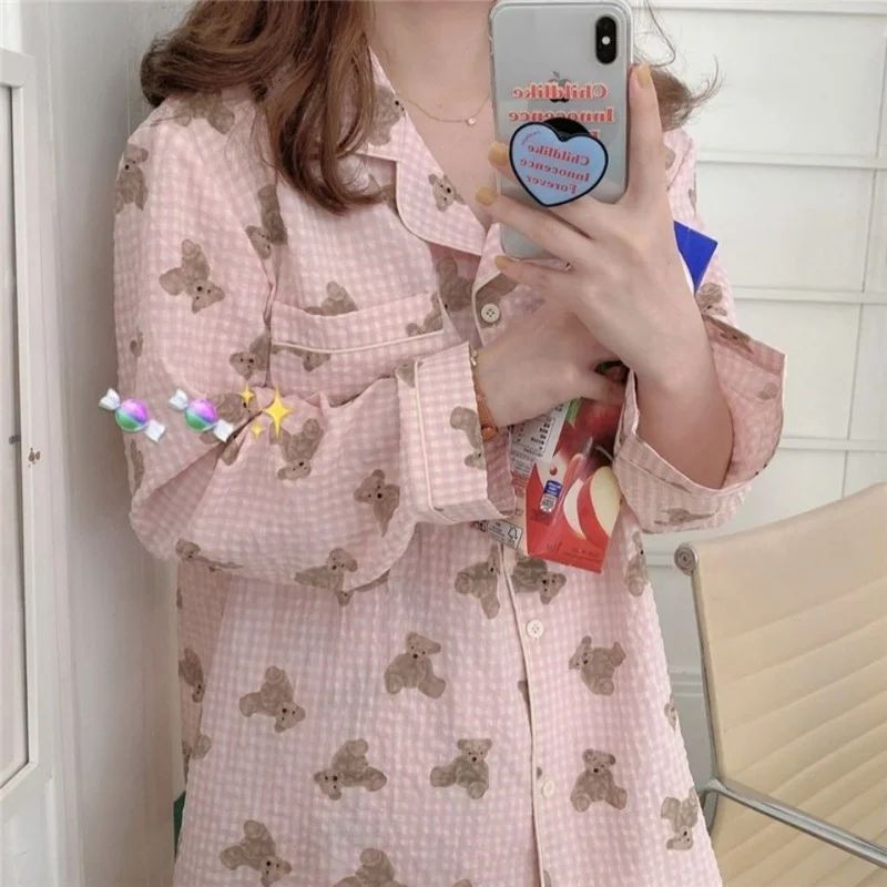 QWEEK Cotton Pajamas for Women Kawaii Bear Print Pijamas Autumn Sleepwear Korean Pyjamas Female Set 2 Piece Loungwear Homewear