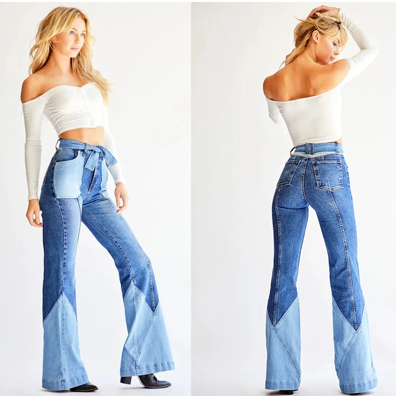 

Ropa Para Mujer Patchwork Jeans 70s Retro High Waist Jeans Two-color Stitching Belt Denim Trousers Blue Flared Jeans for Women
