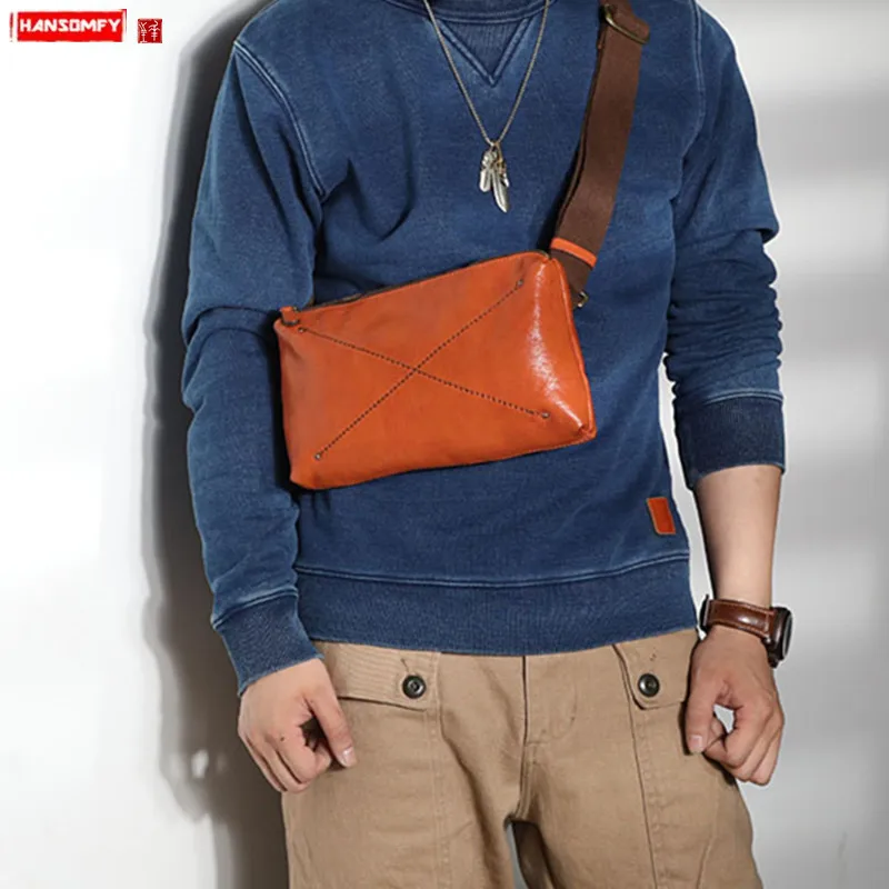 Men's Chest Bag Genuine Leather Male Small Chest Pack Crossbody Bag Men Shoulder Bags 2022 New Original Hand Stitched Leather