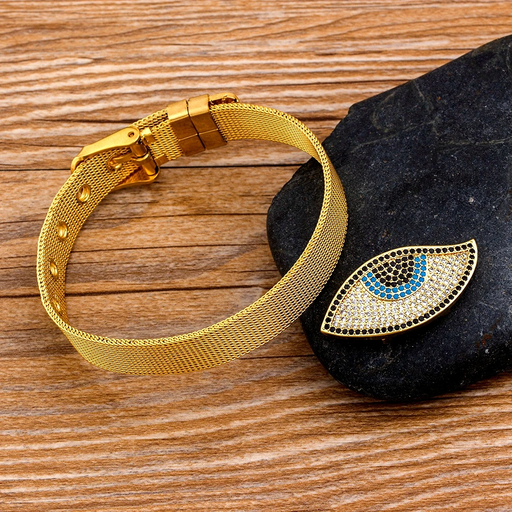 Nidin Браслеты из нержавеющей стали с сетчатым плетением для женщин, мужчин, пар и влюбленных. Золотого цвета браслет со знаком злого глаза, станет отличным подарком в виде ремешка для часов или браслета-бангл. Ювелирное украшение.