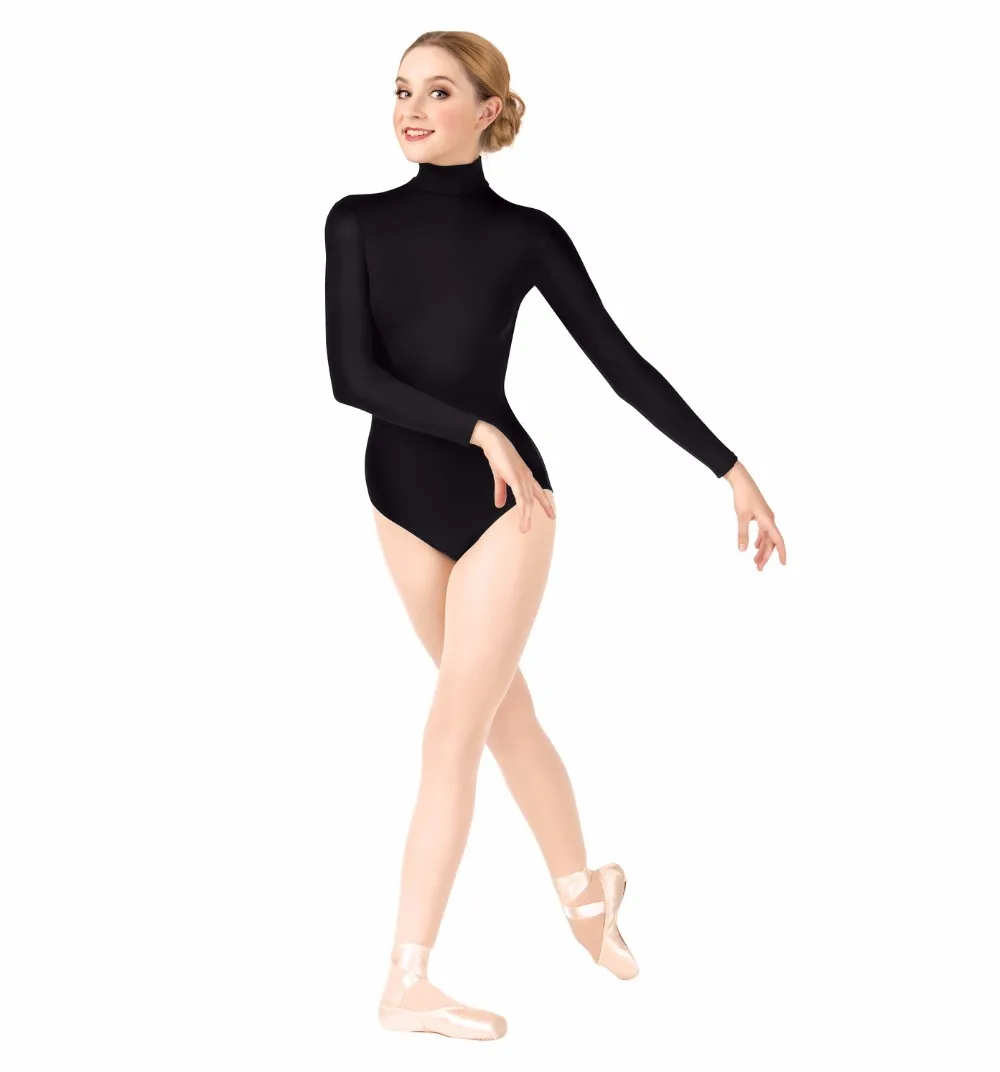 Женское боди с высоким воротом для балета взрослых черное длинным рукавом
