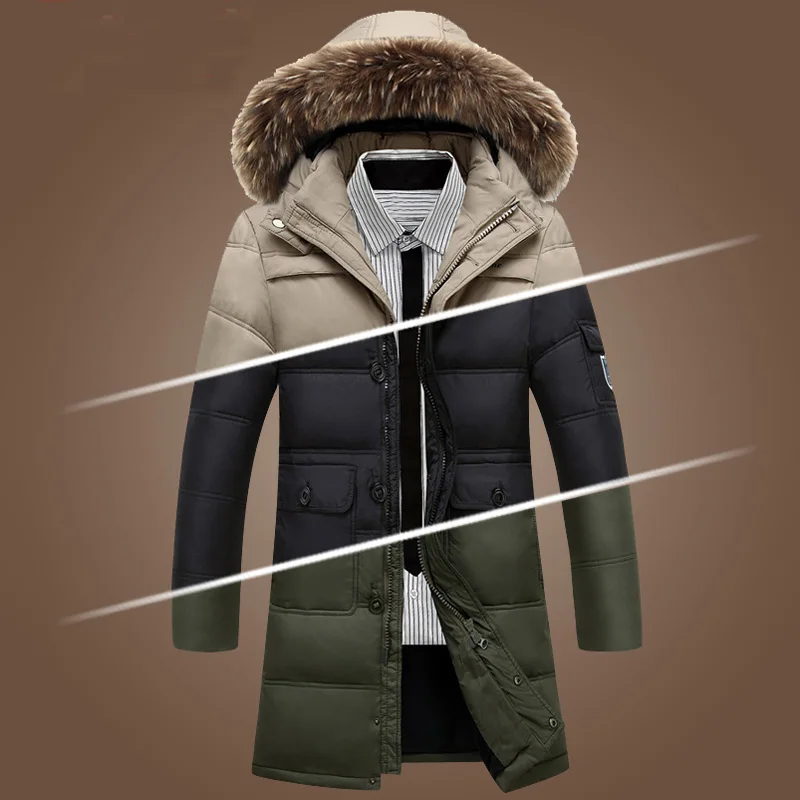 Мужская зимняя приталенная длинная куртка на утином пуху с капюшоном и