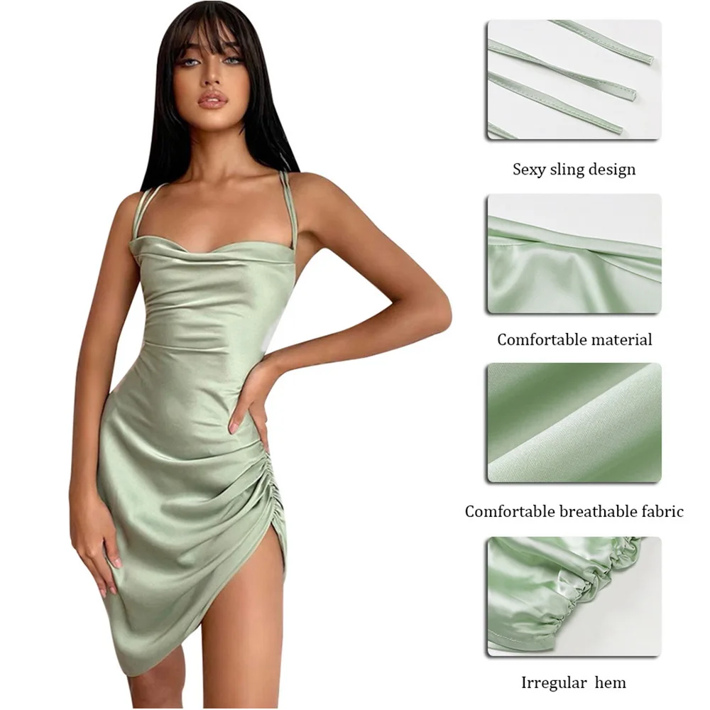 

Uefezo Satin Women Strap Mini Dress Ruched Lace Up Cross Bandage Backless Bodycon Sexy Party 2021 Club Christmas Slim