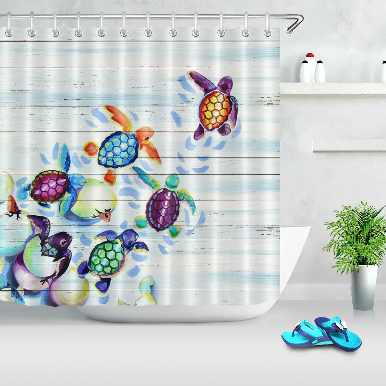 

Watercolor Baby Turtle Fabric Shower Curtain Set & Hooks Bathroom Decor