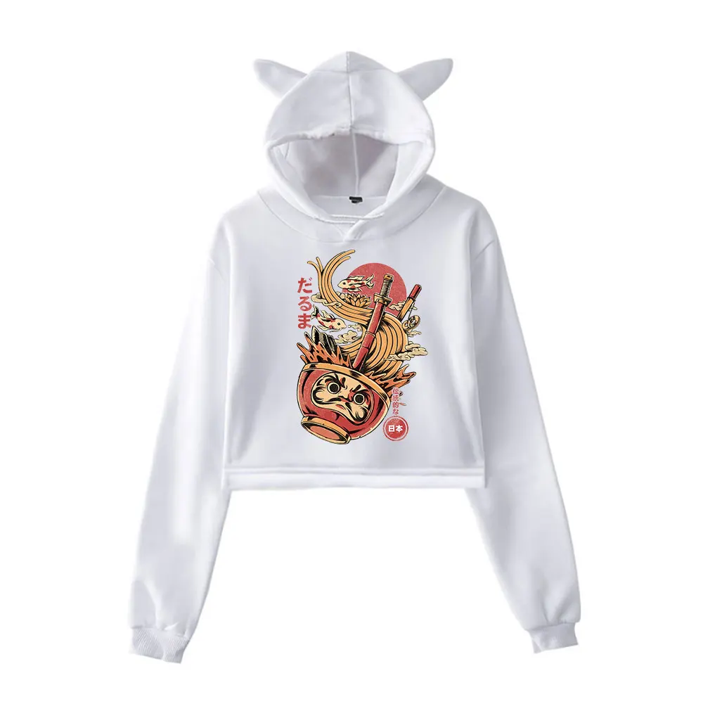 

New Japanese Noodles Printed Harajuku Cat Ears Hip Hop Loose Women Hoodie Kawaii Short Sweatshirt Show body Streetwear Clothes
