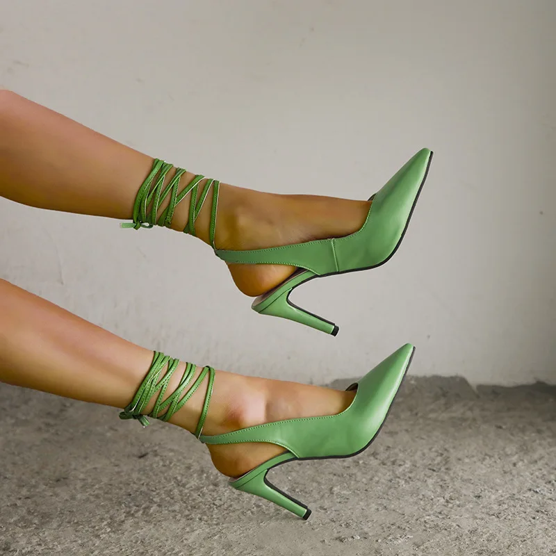 

2021 New Large Size Female High Heels Sexy Sandals Pointed Toe Stiletto Solid Color Female High Heels Ankle Strap High Heels