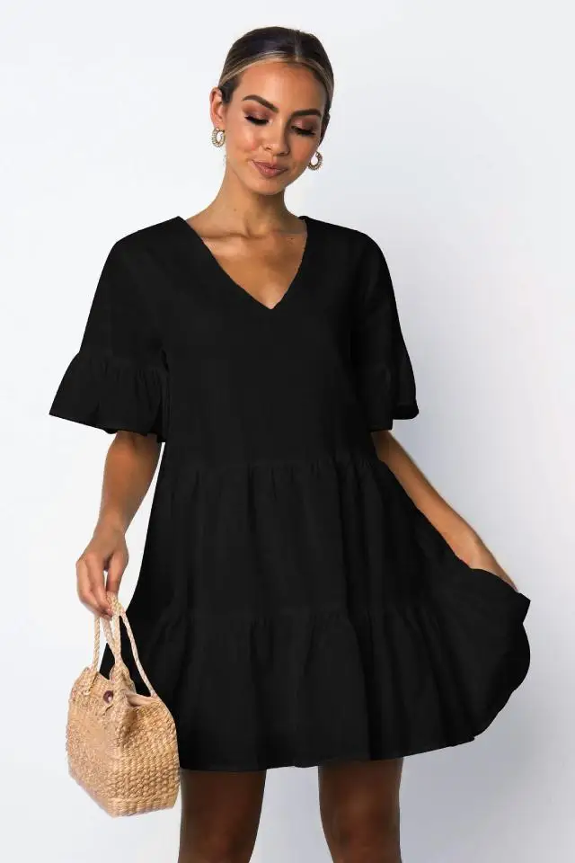 

Dress summer 2021 new fashion trend women's V-neck short-sleeved T-shirt dress one