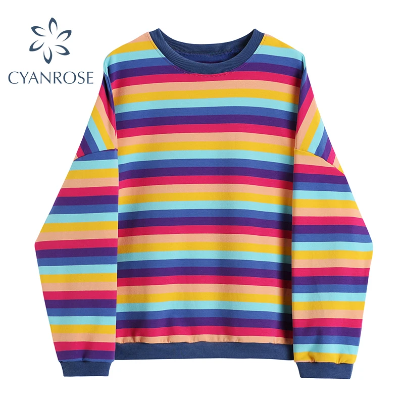 Радужные полосатые толстовки для женщин пуловер с длинным рукавом уличная
