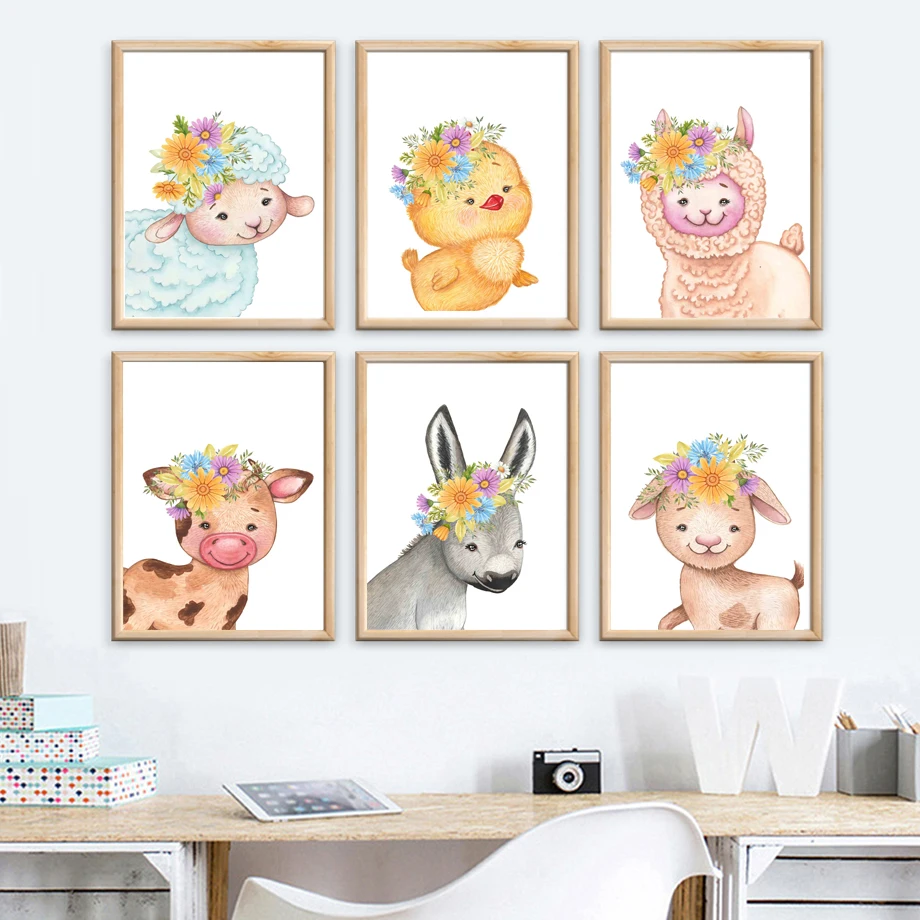 

Chicken Sheep Alpaca Rabbit Cow Donkey Flower Wall Art Canvas Painting Nordic Posters And Prints Wall Pictures Kids Room Decor
