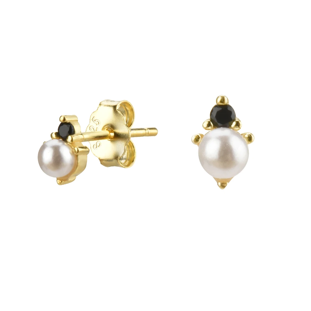 

Sterling Silver Women Pearl Stud Earring Women Black Zircon Crystal Luxury Ear Jewelry for Valentine's Day Gift 2021 silver