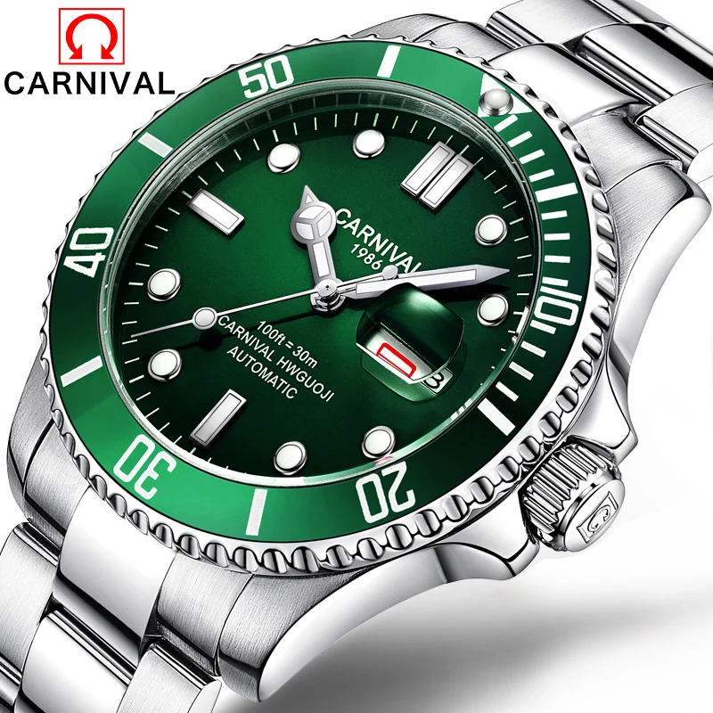 Carnival Business крутые мужские часы автоматические механические наручные с зеленым