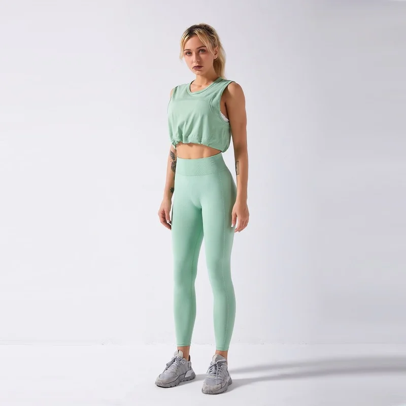 

Seamless Yoga Set Women 2 pieces Sleeveless T-Shirt Leggings Gym Fitness Sports Wear Sportsuit Workout Outfit Clothes