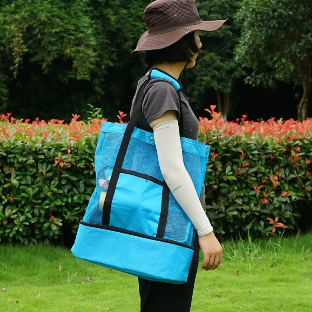 Practical Portable Picnic Bag Mesh Outdoor Durable Double Compartment Oversized Zipper Closure Beach Tote | Дом и сад