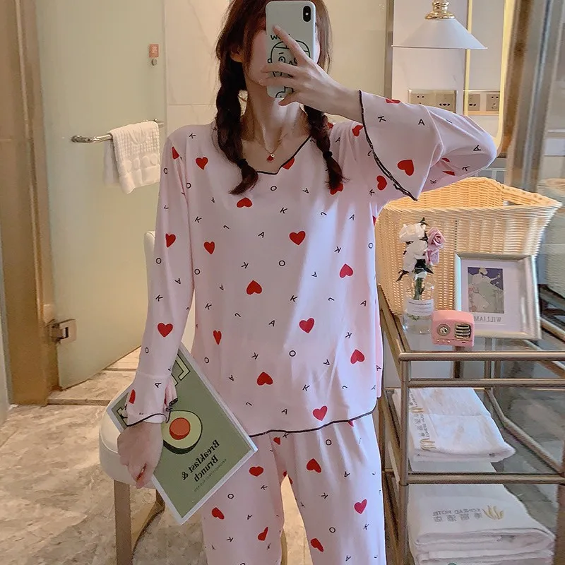 Kawaii, 2 шт., женская пижама, комплект, милый рисунок морковки, повседневные топы, штаны, домашняя одежда для сна с длинным рукавом, Pijama Mujer