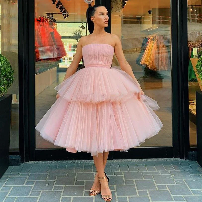 

High Fashion Blush Pink Puff Mid Calf Tulle Women Dresses Ruffles Tiered A-line Mesh Birthday Party Dress Off The Shoulder