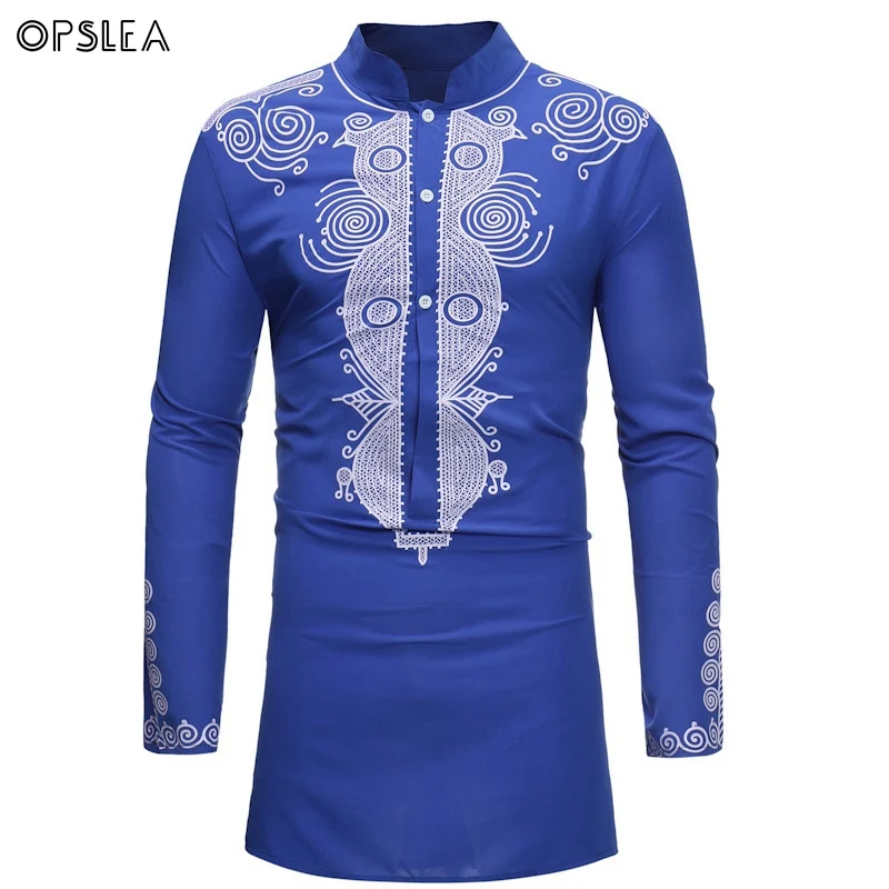 Opslea Dashiki африканская Мужская рубашка с длинным рукавом и стоячим воротником Bazin Riche с национальным этническим принтом Одежда Повседневная приталенная рубашка