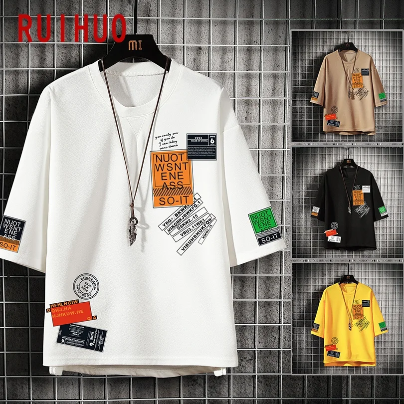 RUIHUO Print Short Sleeve Men's T-Shirt Fashion Streetwear Clothes Men's Clothing 2022 Hip Hop Japanese Clothing Man M-4XL
