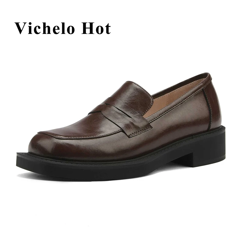 

Vichelo Hot spring new arrival recommend genuine leather round toe med heel loafers simple style solid fashion women pumps L11