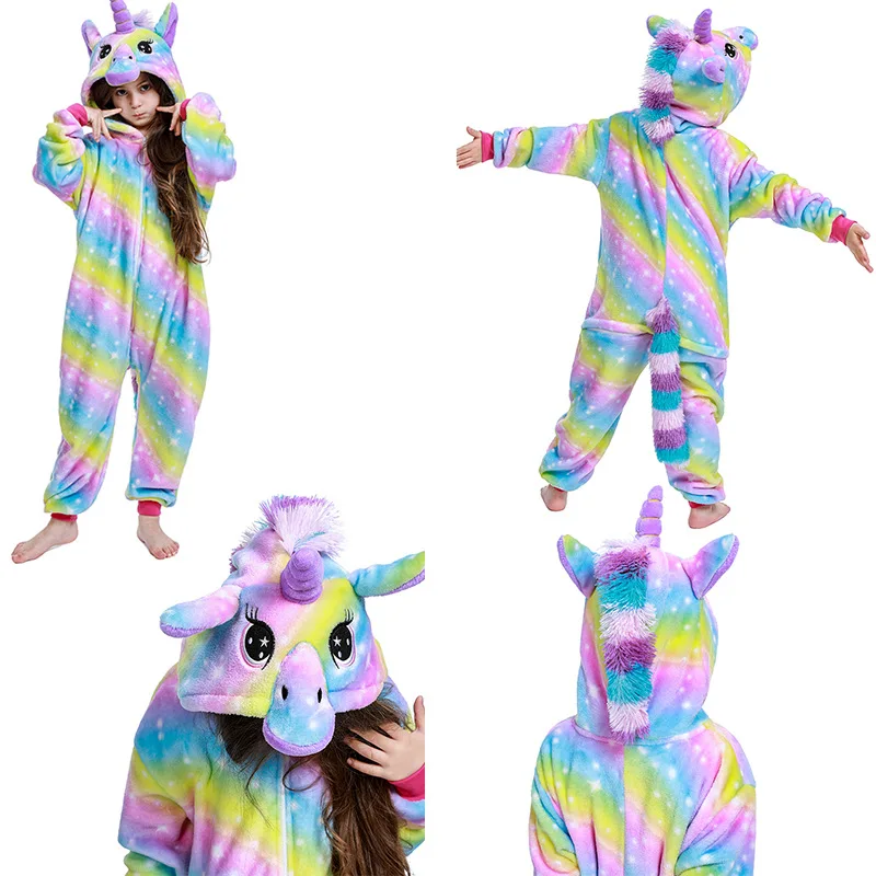 

New Flannel Unicorn Horse Pajamas Autumn and Winter Children's Cartoon One-Piece Pajama Long-Sleeved Hooded Leisure Tops Unicorn