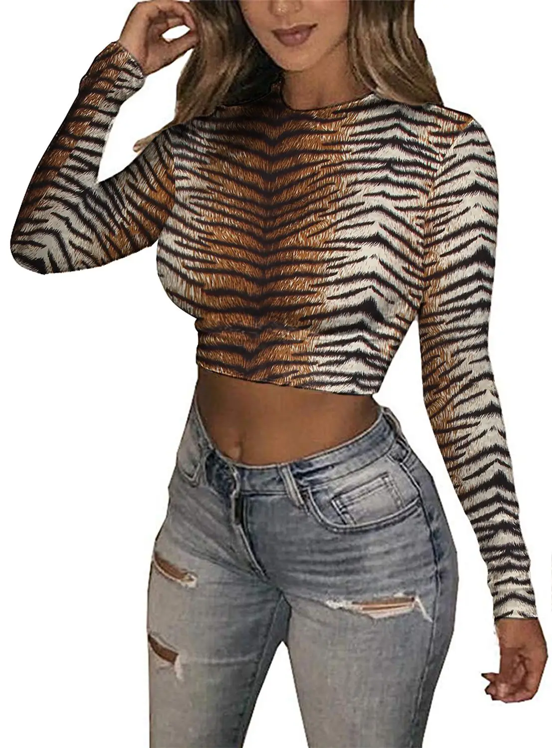 Tiger Print Укороченный топ, черные футболки, сексуальные базовые короткие футболки, женские Клубные Белые женские футболки Harajuku, весенние и Зимние Топы с длинным рукавом - Цвет: Tiger Print