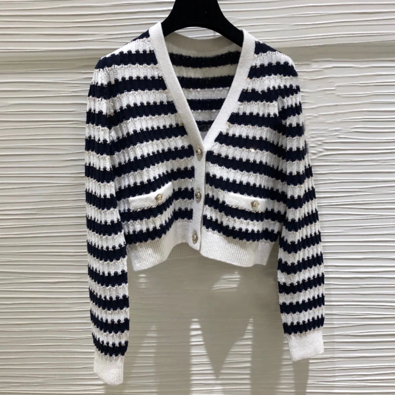 

2021new women's stripe short knitted cardigan V-neck open chest slim sexy long sleeve sweater
