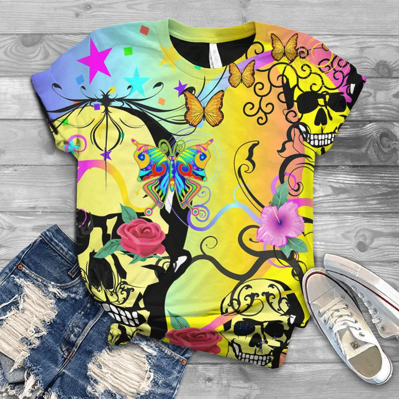 

New 2021 Harajuku girl T-shirt street style European and American style short-sleeved ladies blouse 3D printing skull pattern
