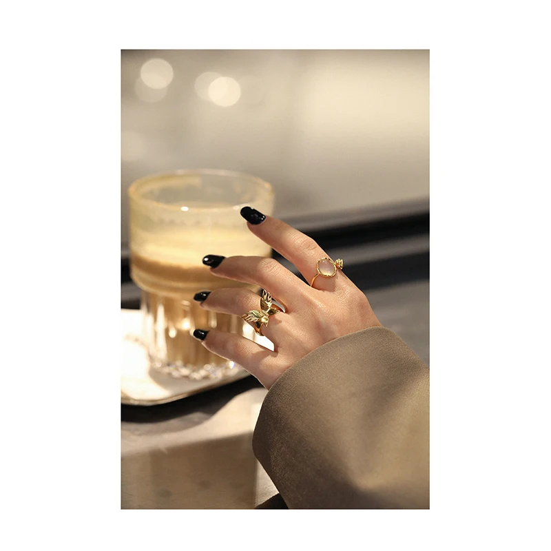 

925 Sterling Silver Niche Irregular Design Micro-inlaid Agate Stone Flower Bud Rattan Branch Open Ring Ladies Jewelry