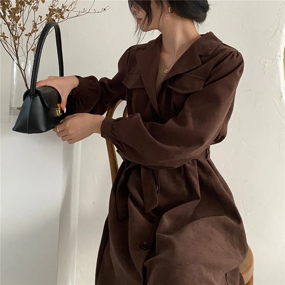 

New Spring Autumn Chic Elegant Long Trench Dress Women OL Work Wear Office Corduroy Dress Solid Maxi Dresses Vestidos