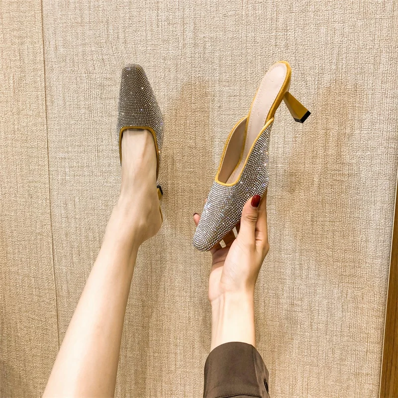 

Ladies Muller Shoes 2021 Spring New Style Slippers Ladies Rhinestone Small Square Toe Slippers Sandals Crystal Party Shoes