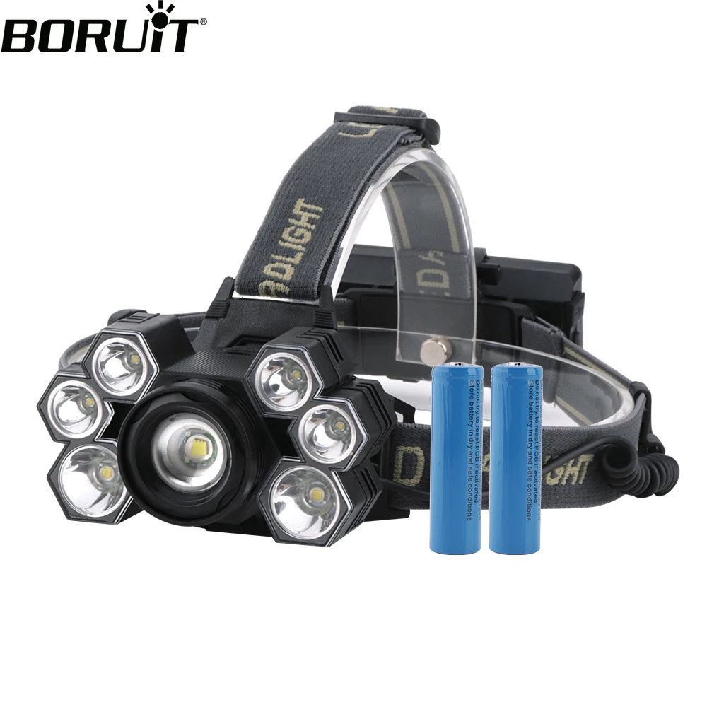 Мощный светодиодный головной фонарь BORUiT 3 * T6 + 4 XPE с 5 режимным увеличением