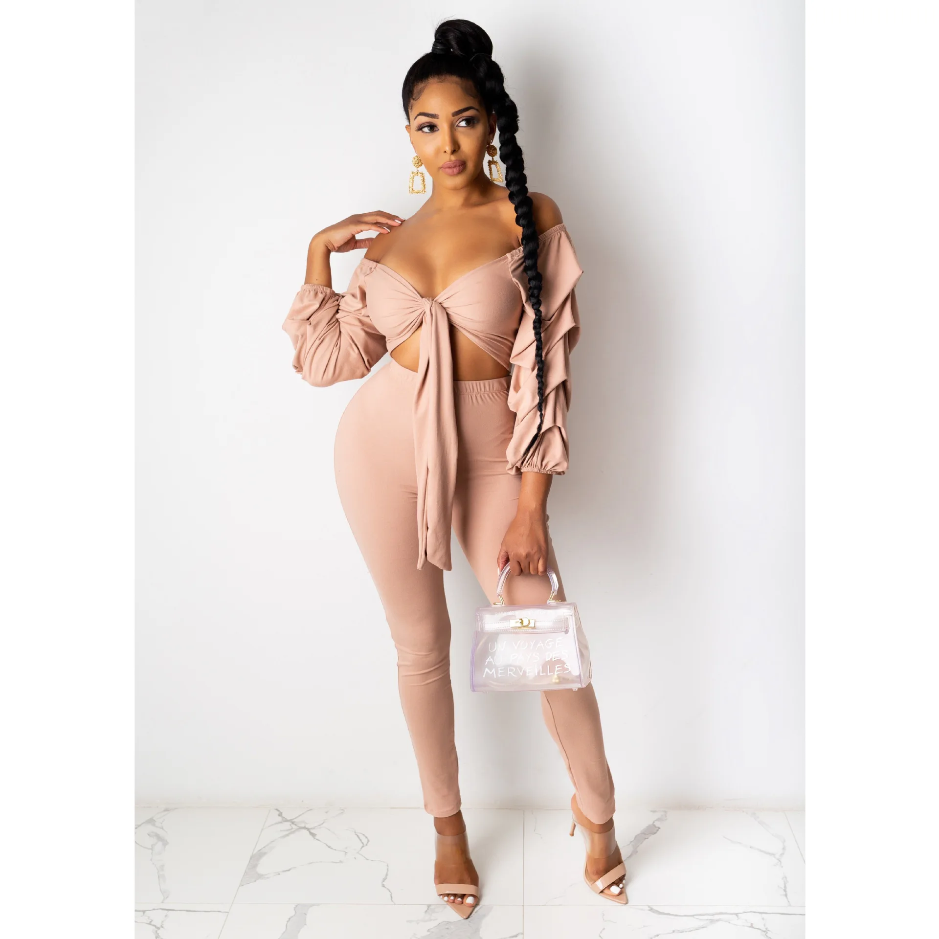 

33CY1274 Autumn Winter Women Casual Sexy Solid V-neck Bandage Sleeve Club Outfits Two Piece Set Tracksuit Sweatsuit Outfits