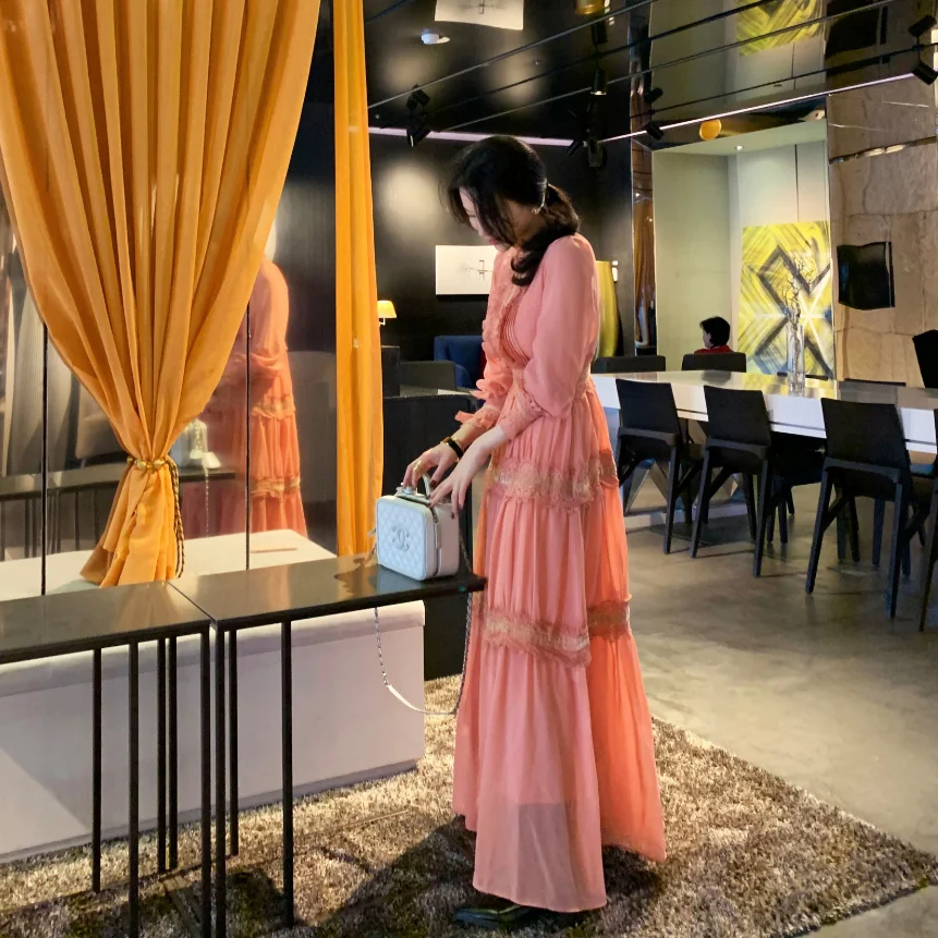 Женское шифоновое платье с длинным рукавом длинное ТРАПЕЦИЕВИДНОЕ Платье макси