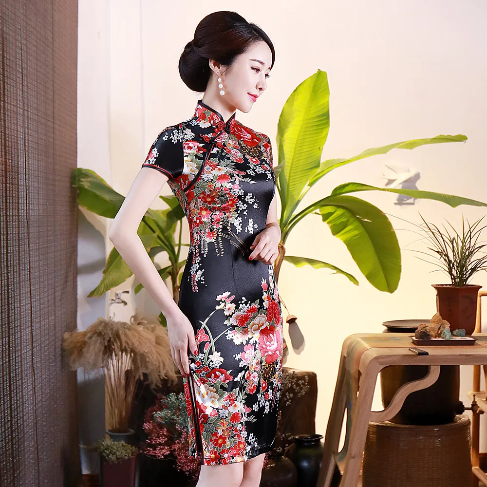 

BLACK Print Flower Women Short Slim Cheongsam Sexy High Split Chinese Traditional Dress Plus Size Rayon Qipao Vestidos S-6XL