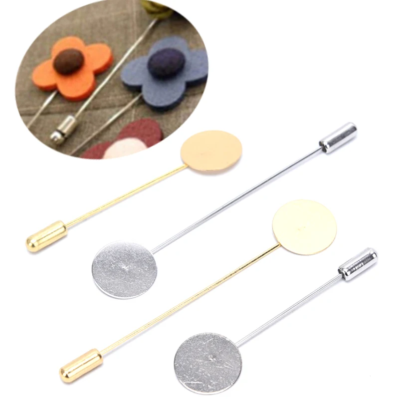 

10 Pcs Bases Blank Tray Long Bezels Brooch Pin Tone Round Lapel Stick Brooch Safety Pin Needle For DIY Costume Jewelry Accessory