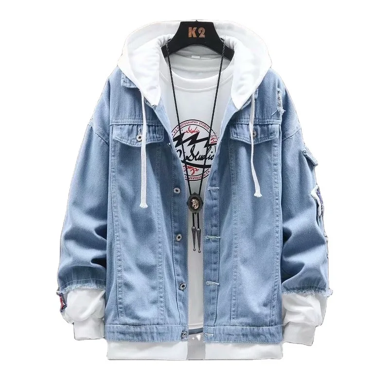 

Fake two piece denim jacket men's Korean fashion spring and autumn jacket loose casual coat top windbreaker goth mens clothing