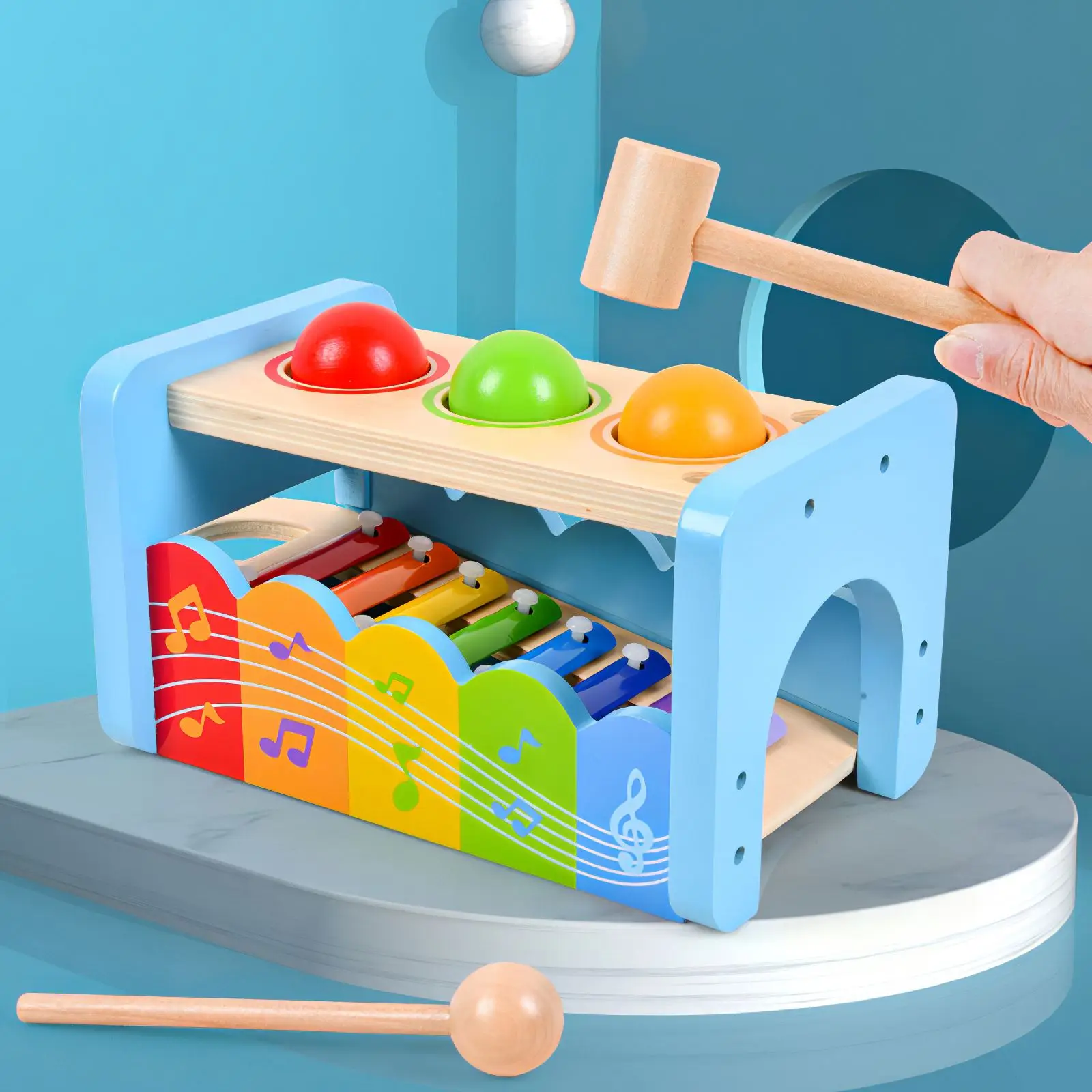 

Wooden Pound Whac-A-Mole Toy Kid Xylophone Early Music Color Enlightenment Motor Skill Development 2 In 1 Montessori Musical Toy