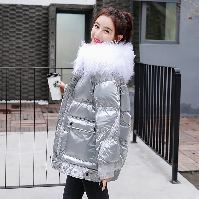 Женское зимнее пальто серебряного цвета наполнитель из утиного пуха Воротник