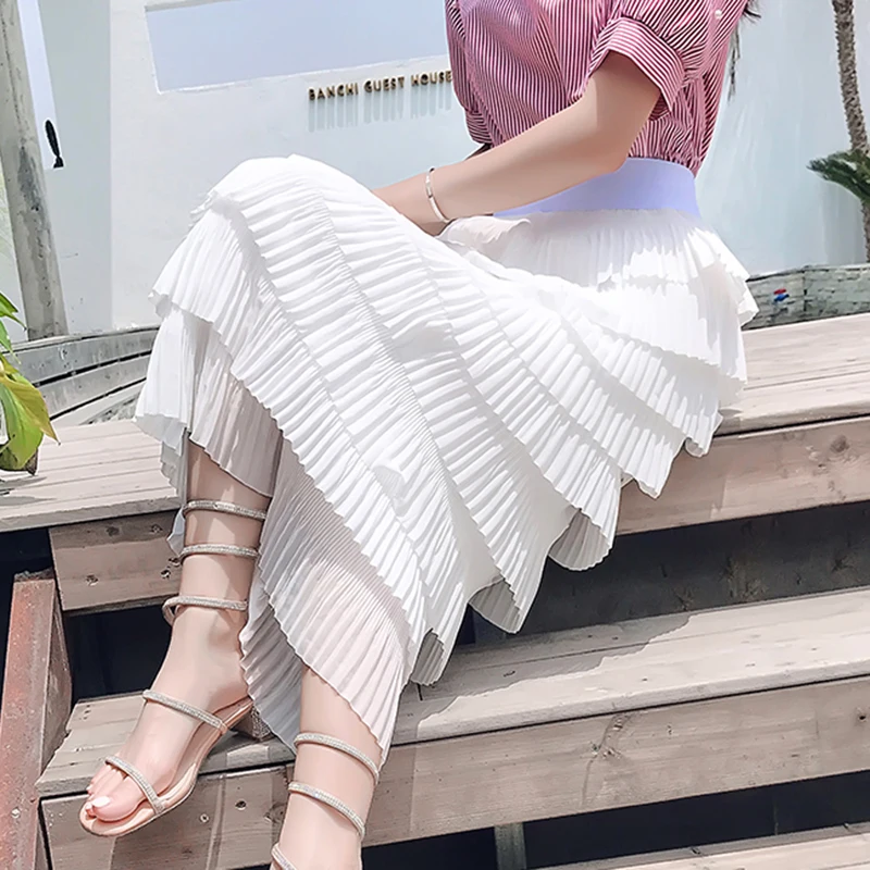 

Autumn Tiered Long Chiffon Skirts Sweet Cakee Layered Pleated Skirt Color Block Patchwork Calf Long Skirts