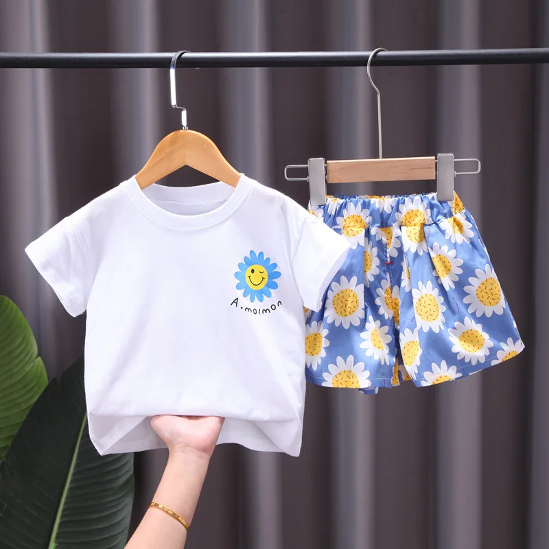 

New Summer Children Sunflower Printing Clothes Baby O-Neck Cotton T-Shirt +Shorts 2-piece Toddler Girls Sweet Fashion Clothing