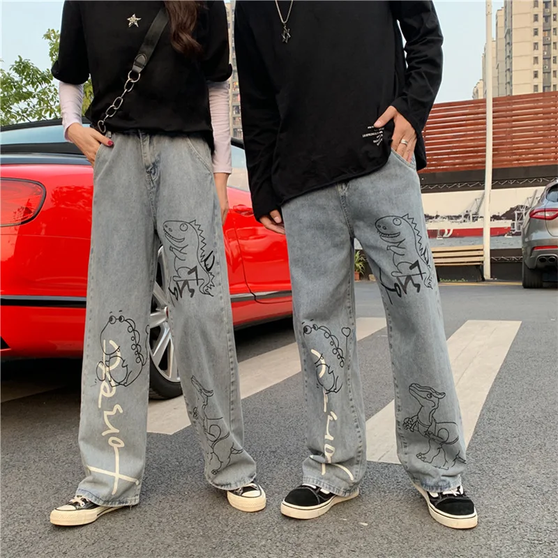 

Women's Streetwear Graffiti Leg Wide Jeans 2020 Autumn Winter Cartoon Print Ladies Long Harem Pant BF Female Hip Hop Denim Jeans